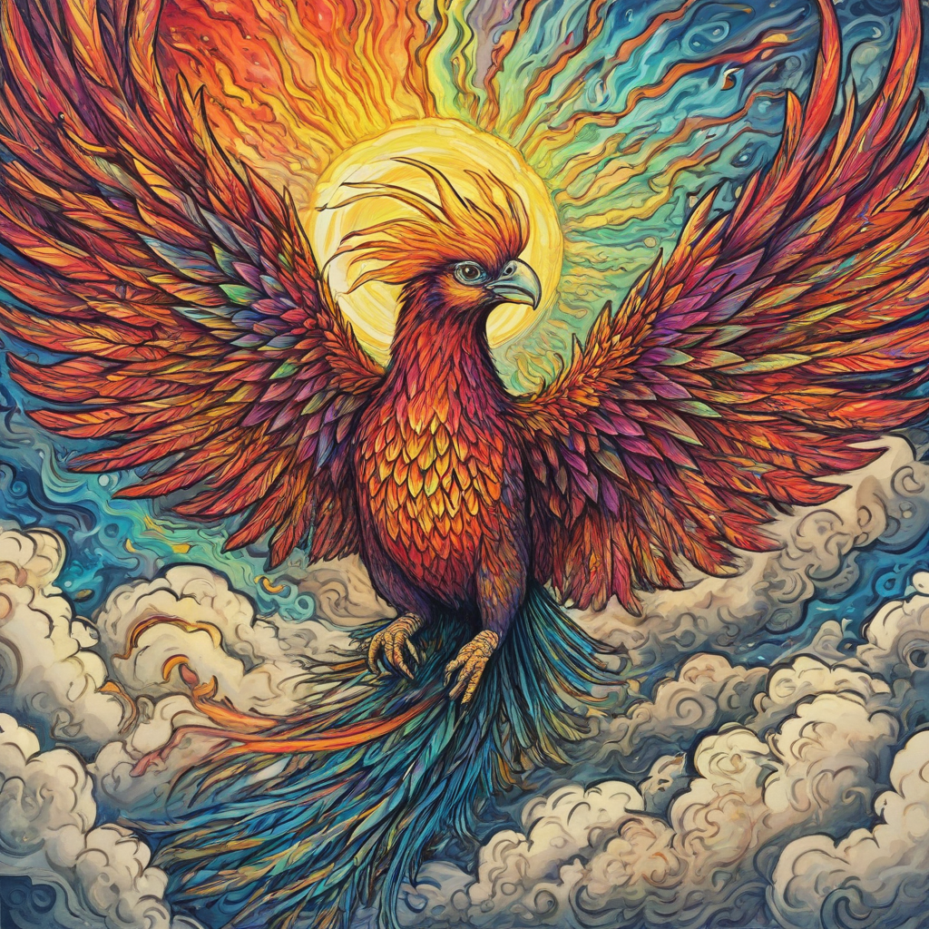 Vivid Phoenix in the sky, colorful drawing