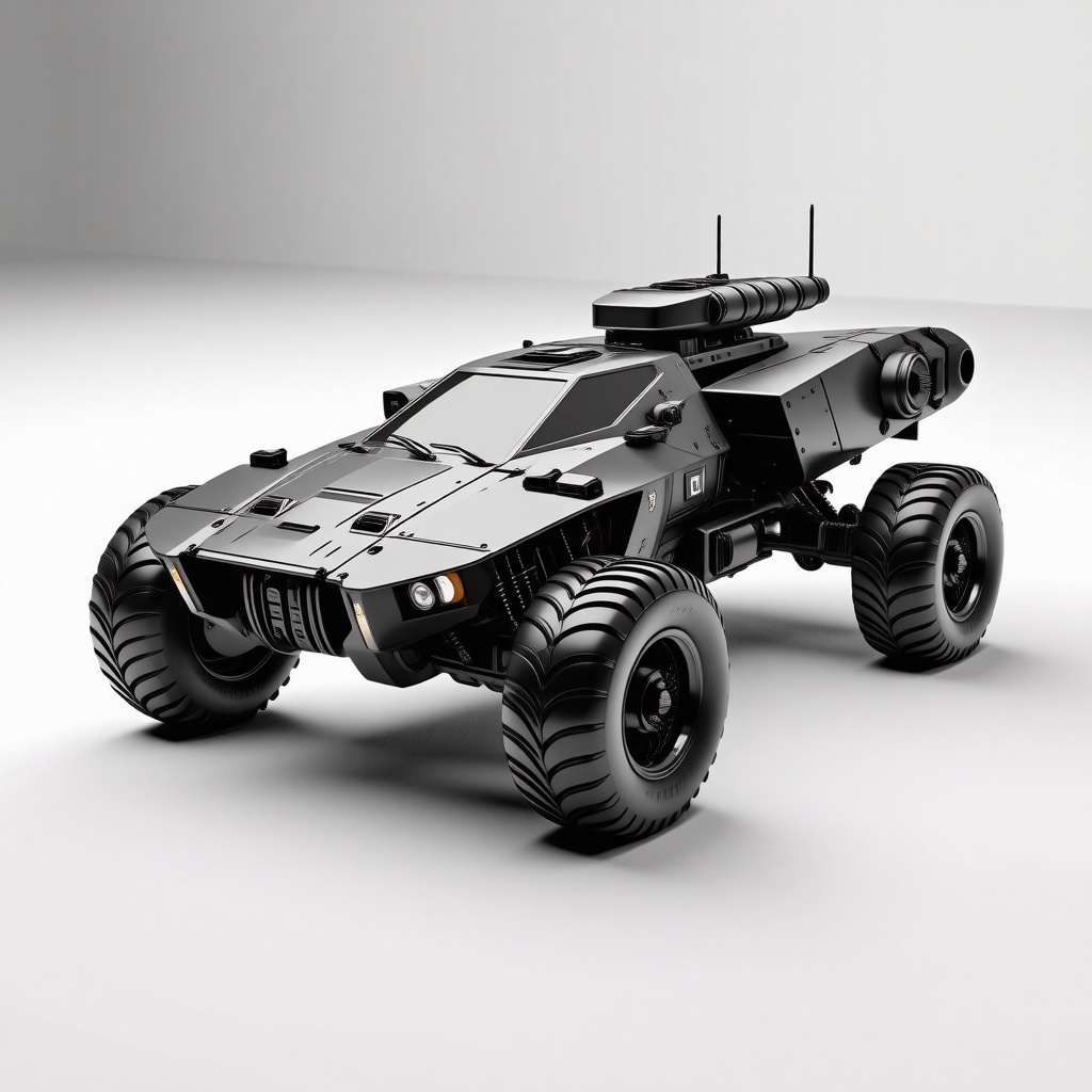 A futuristic combat vehicle with a single spherical wheel, a rocket pod, and a tilted forward chassis, in a wide shot, with a metallic finish, on a plain white background, with dynamic shadows and a hard rim light, in a digital art style with bold lines and vibrant colors, with the single wheel and rocket pod prominently displayed, full-body view, single wheel visible