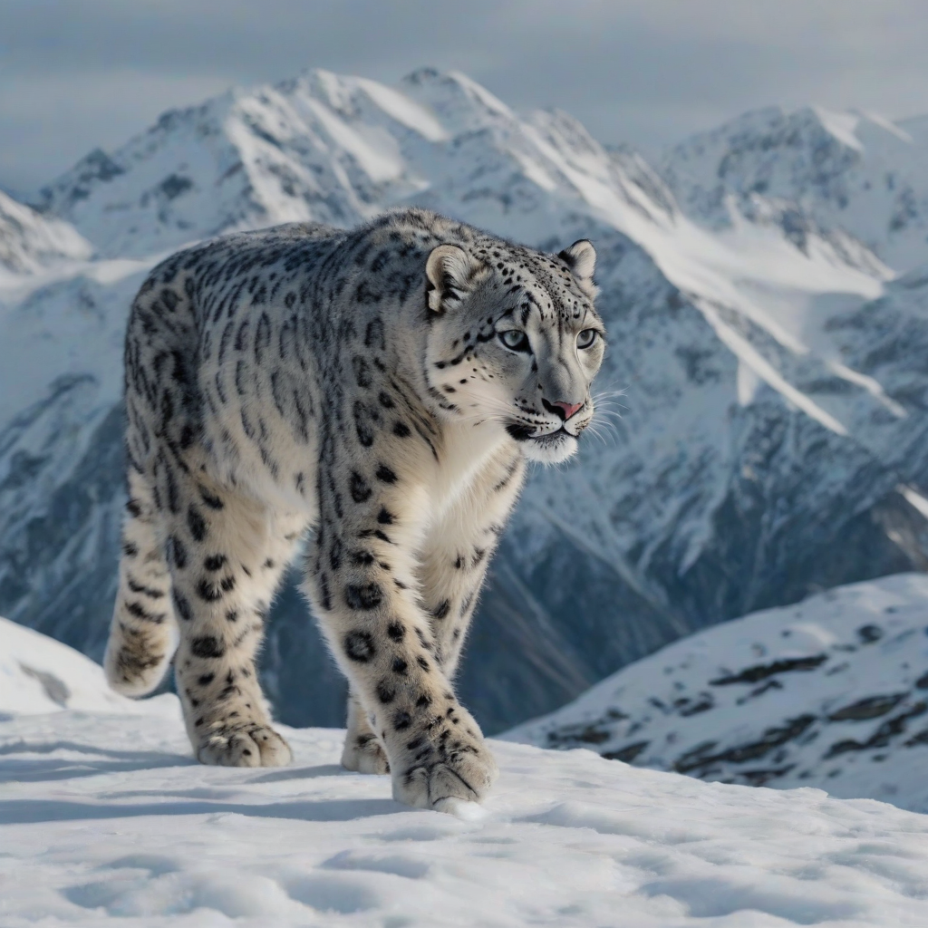 Cinematic realism of a snow leopard walking on snowy capped mountains