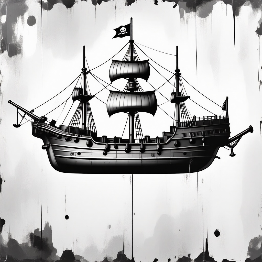 A weathered, grunge aesthetic, full-body view, wide shot of a silver ship with visible anchors and ropes, set against a plain white background with a distressed, worn texture and a dark, muted color palette, featuring a jolly roger flag on the middle mast.