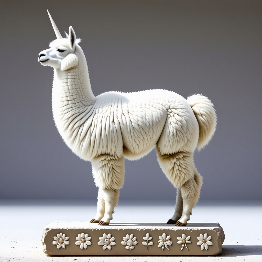 A llama with fluffy and curly white fur and a white unicorn horn standing on a stone platform engraved with images of flowers
