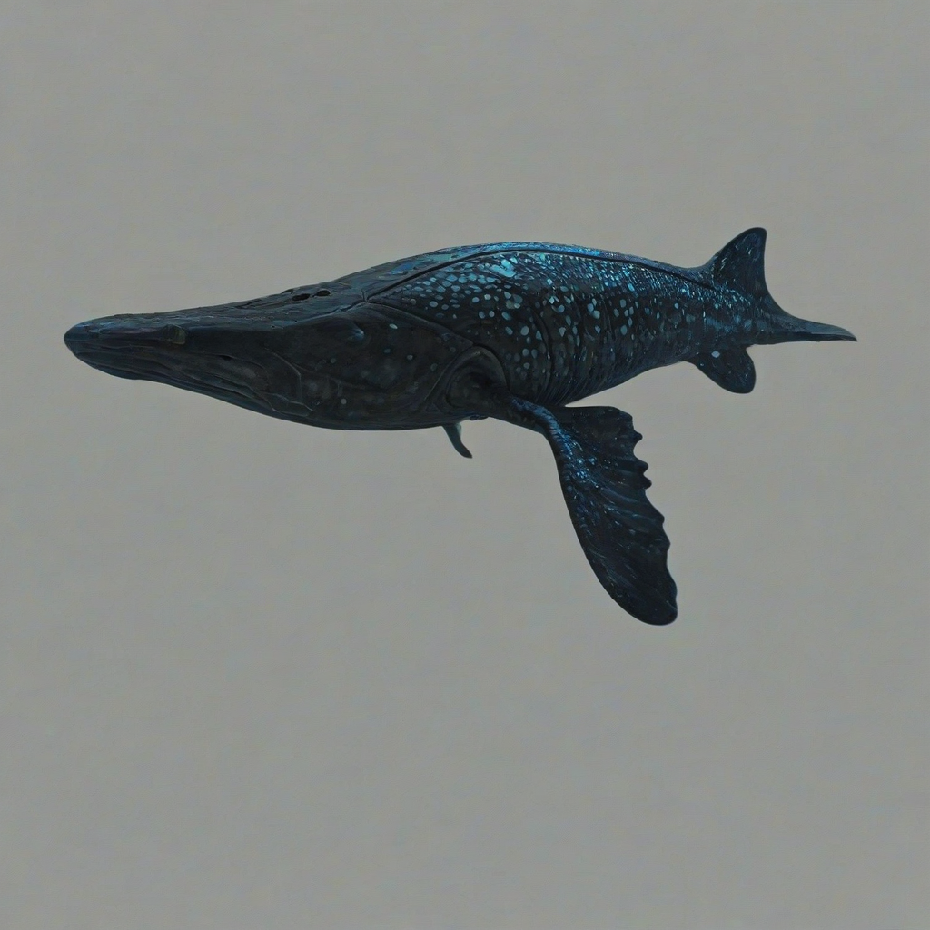 A highly detailed, hyperrealistic, full-body view of an underwater creature, with sleek black scales that reflect the faint glow of the ocean's bioluminescent creatures, set against a plain white background, with precise textures and intricate details, in a wide shot that captures the creature's entire body, including its fins and tail, with soft, diffused lighting that accentuates its shiny black skin, on a plain white background, even lighting