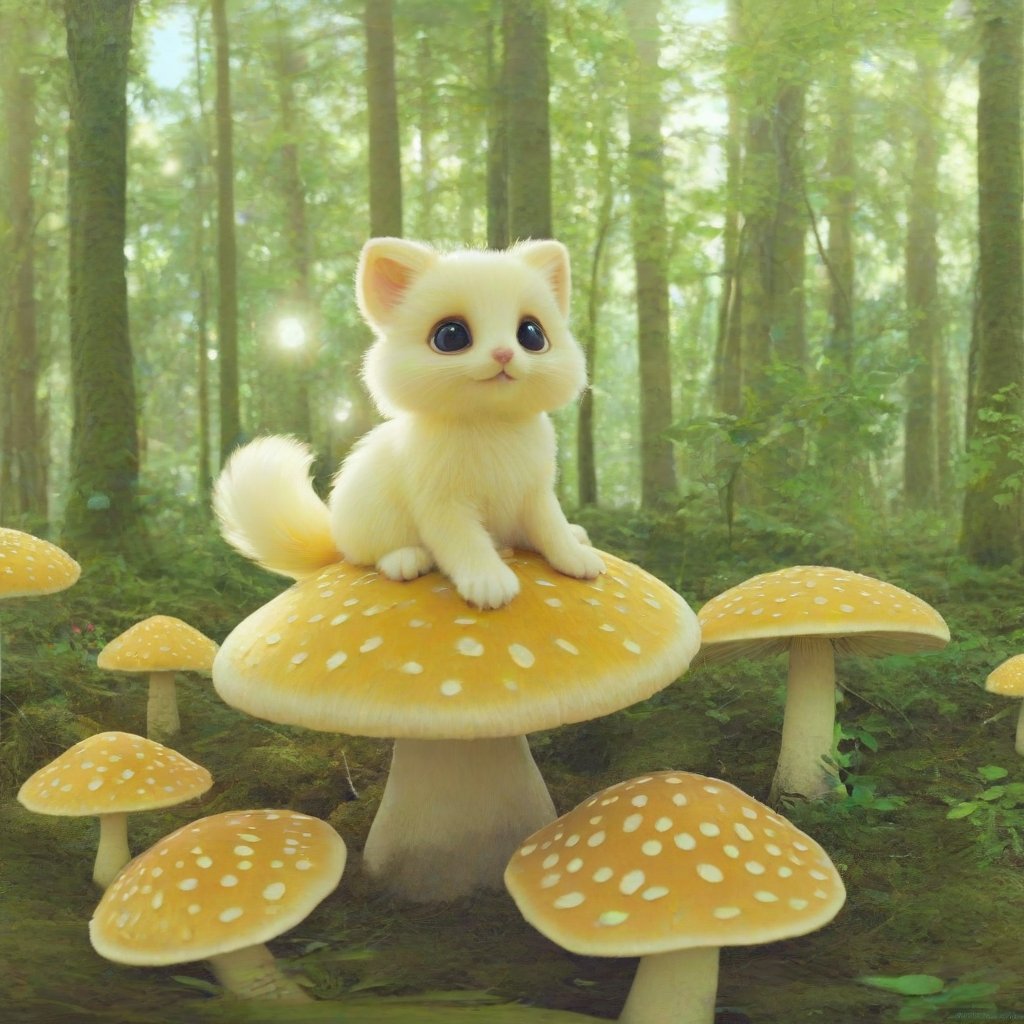 A cute, small, fantasy creature with pastel yellow and green fur, large round eyes, and a fluffy tail, sitting on a mushroom in a whimsical forest, full-body view,  digital art style, soft lighting, warm colors