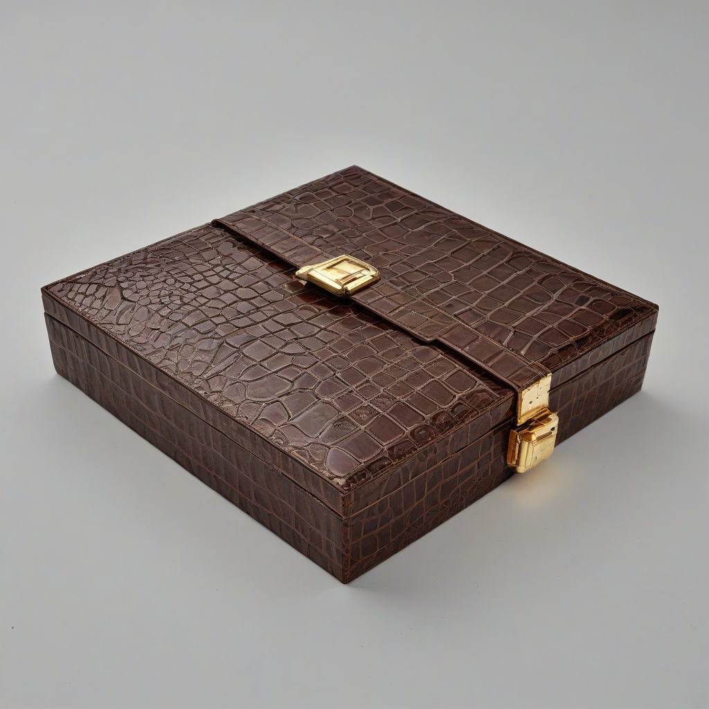 brown crocodile leather box with gold clasp, on a plain white background, even lighting