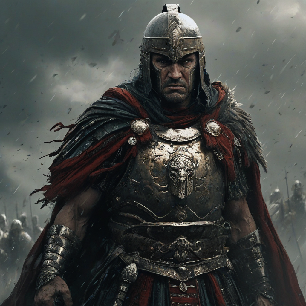 Facial Close up Digital art of a Centurion warrior wearing dramatically billowing robes, the warrior is walking towards the camera, his head is bowed down, deep black accent color, Michael Whelan and Jeremy Mann influenced art styles, intense mood