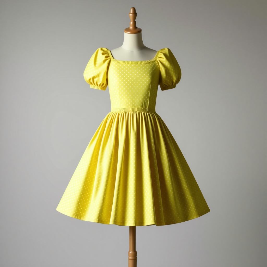 A dress mannequin wearing a delightful yellow spring dress with poofy sleeves and small white polka dots