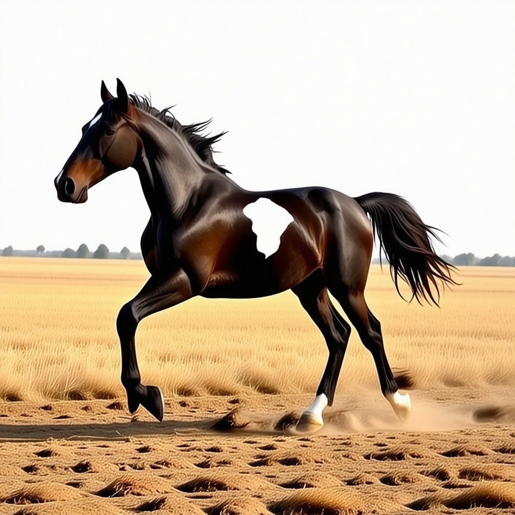 black and white horse full body galloping in a meadow