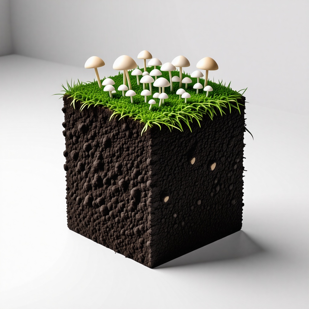 A cube of dirt with a layer of green grass on the top. Growing out of the grass are many small white mushrooms