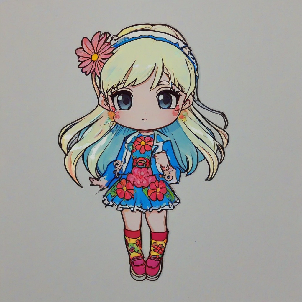 chibi style flower power girl, on a plain white background, even lighting