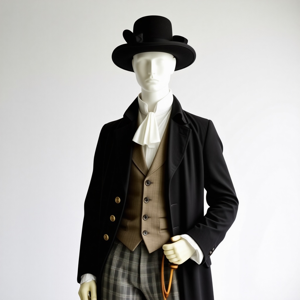 A mannequin wearing 1820s gentleman clothes with a pocket watch and a hat