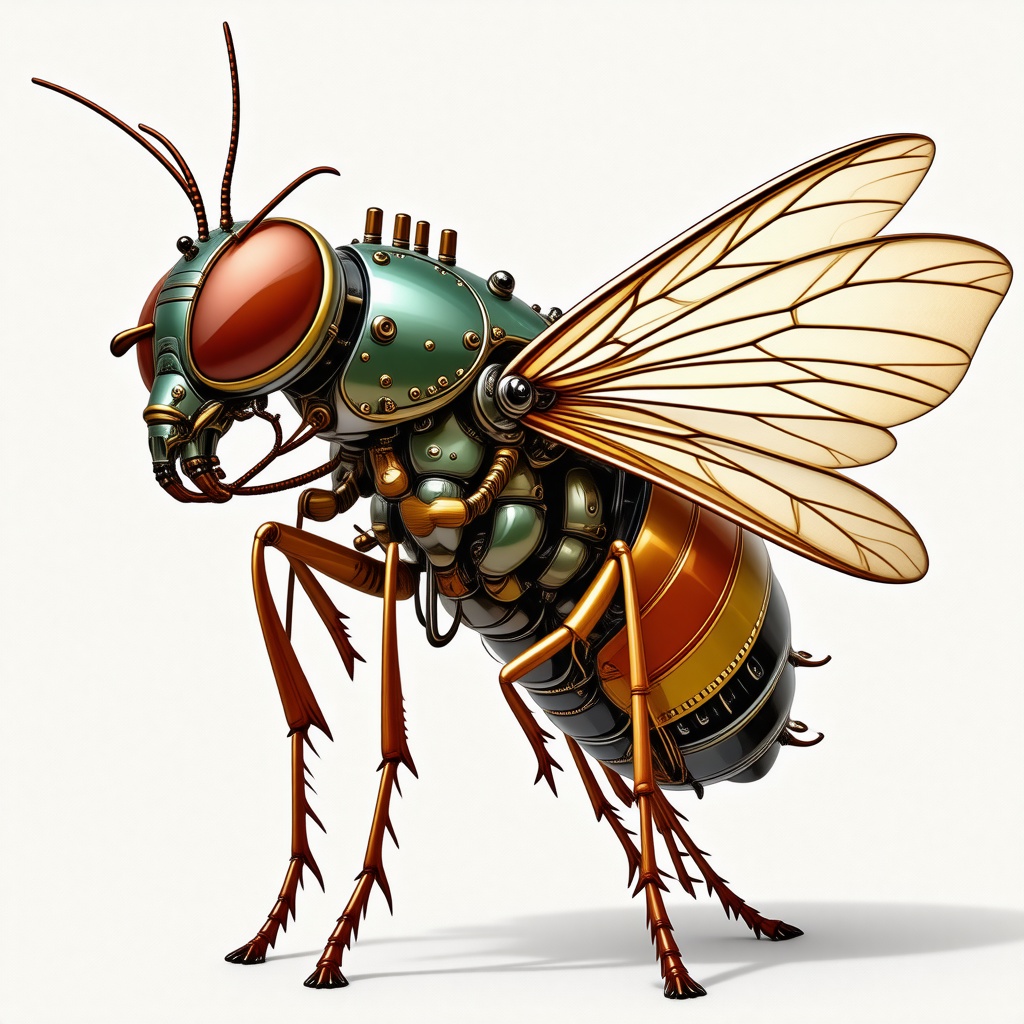A stylized, full-body view of a dieselpunk-themed insect, Olive, with a metallic exoskeleton, copper accents, visible gears, two long, curved, slender antennae, and set against a plain white background, with a warm, golden lighting and subtle, dynamic shadows, in the style of a digital illustration with bold lines and vibrant colors