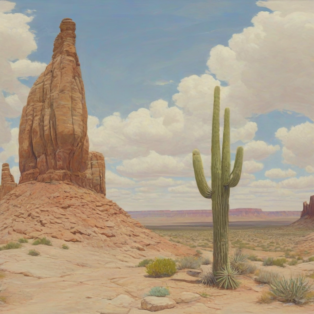 Oil painting of the painted desert landscape with towering rock formations, full-body view of a majestic saguaro cactus in the foreground, set against a bright blue sky with puffy white clouds, warm sunlight casting dynamic shadows, in the style of a oil painting with bold brushstrokes and textured colors, on a plain white background