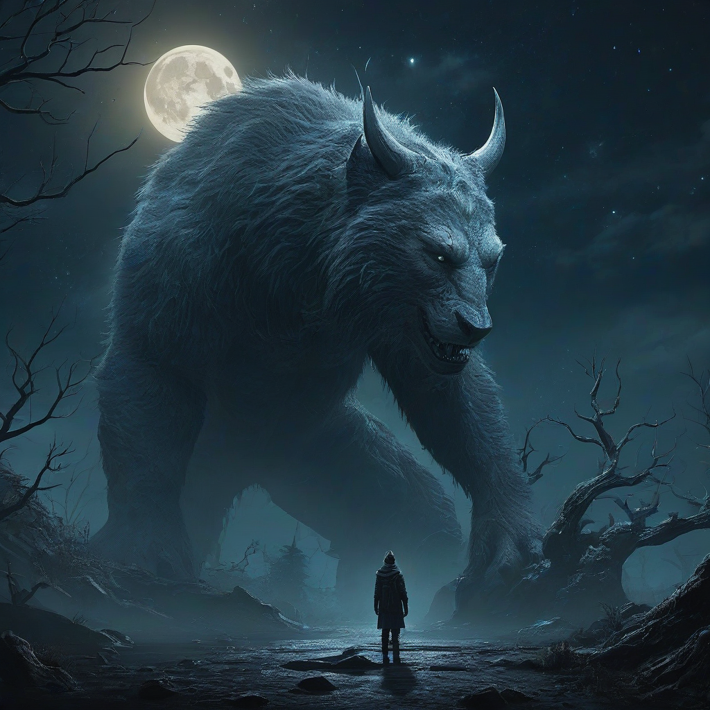 Digital art environmental scene at night, person and gentle moon spirit beast staring down