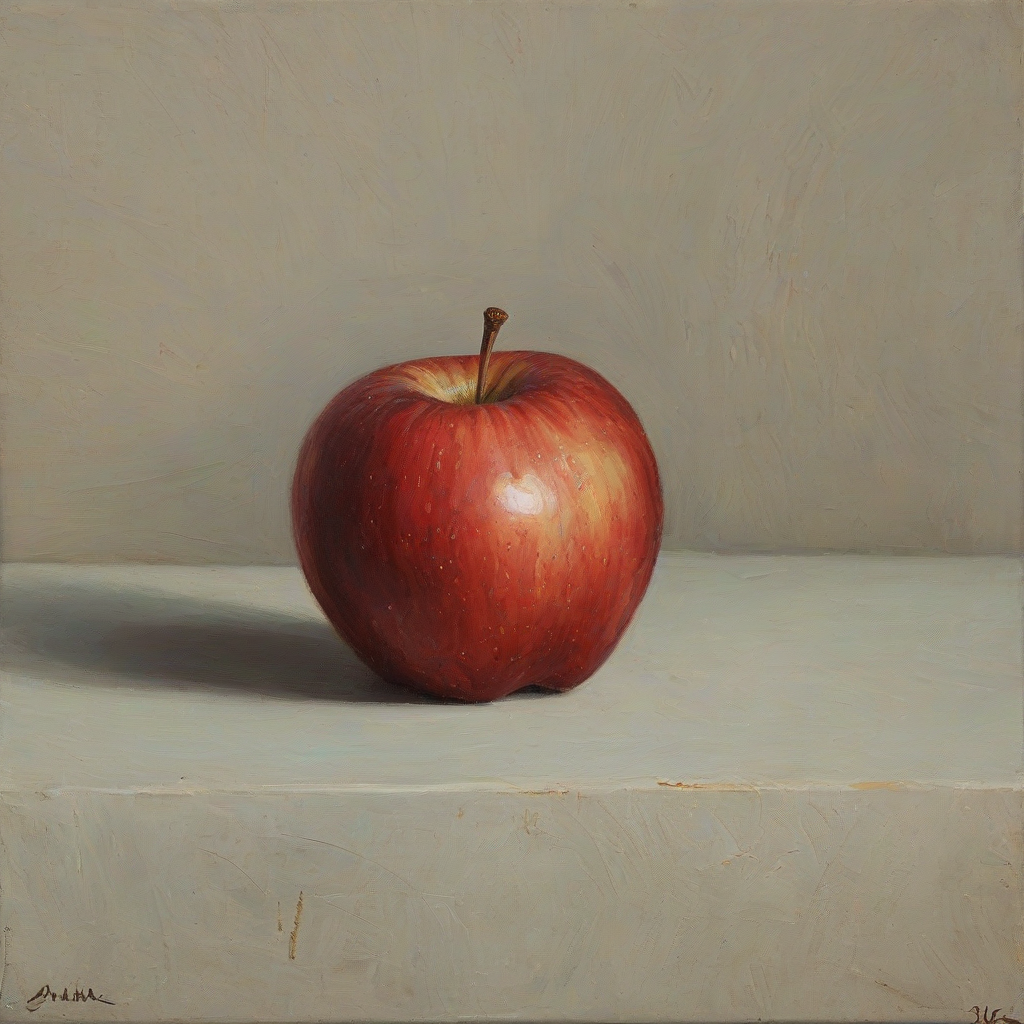 A still life oil painting of an apple