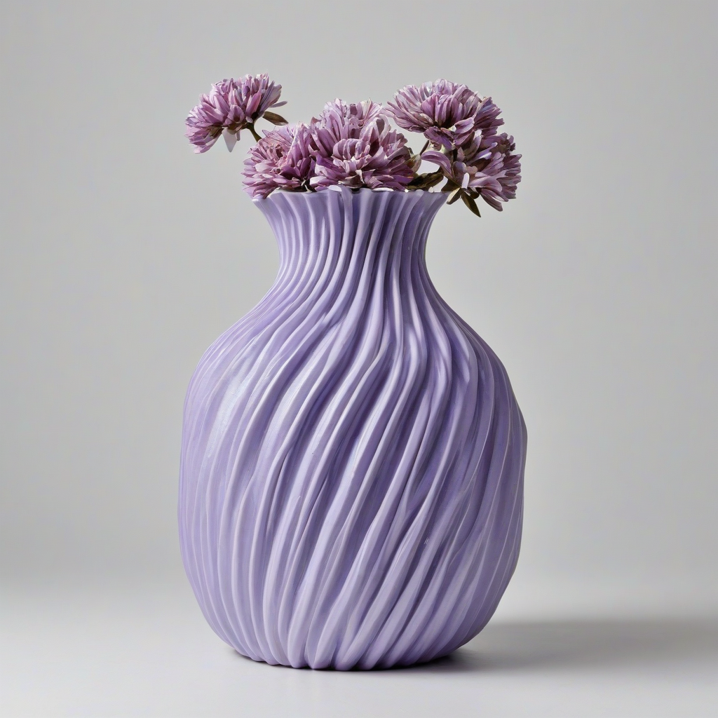 pastel purple vase with twisted ridges wrapping around the vase, on a plain white background, even lighting