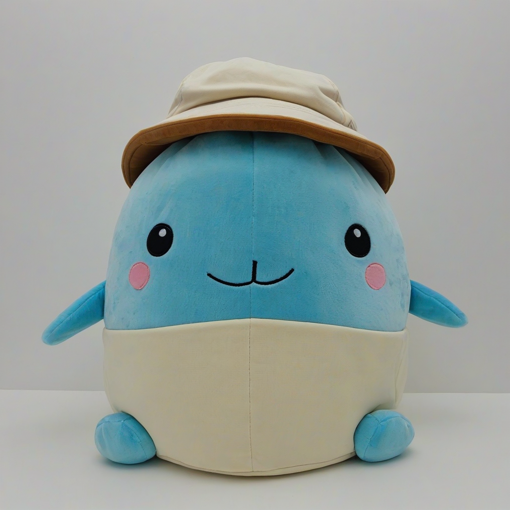squishmallow stuffed animal, blue whale with a beige bucket hat, on a plain white background, even lighting