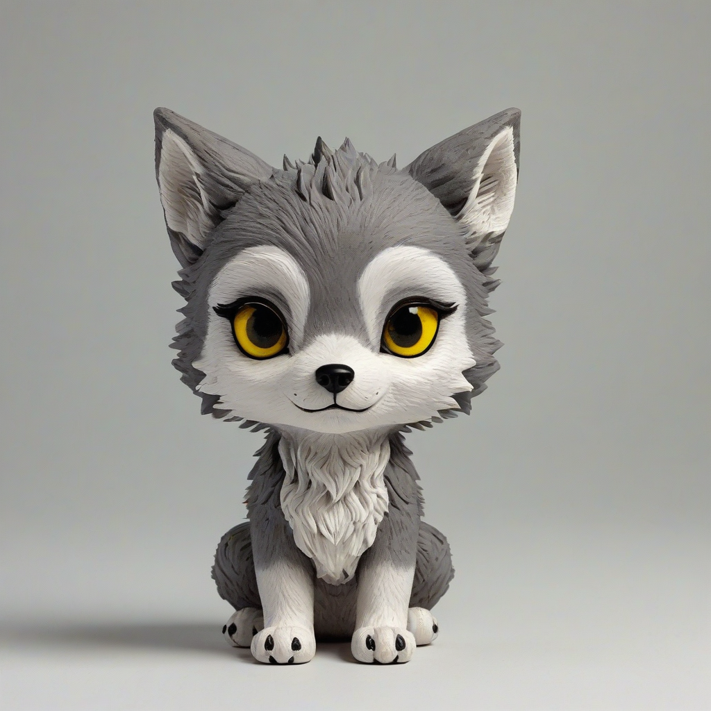 A chibi Ghibli style wolf with yellow eyes, on a plain white background, under soft even lighting.