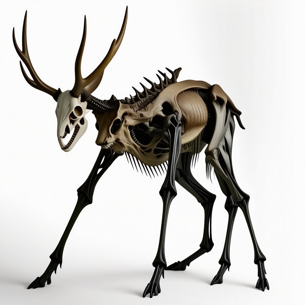 A Wendigo with long limbs, sharp teeth, a deer skull face and antlers, and a thin, black body