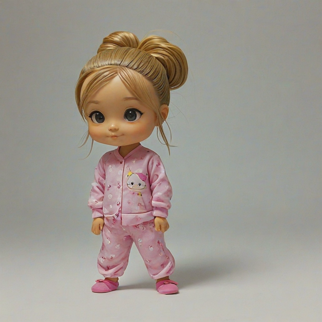 chibi style, baby girl, wearing pink pajamas, her hair in a bun, chibi style, on a plain white background, even lighting