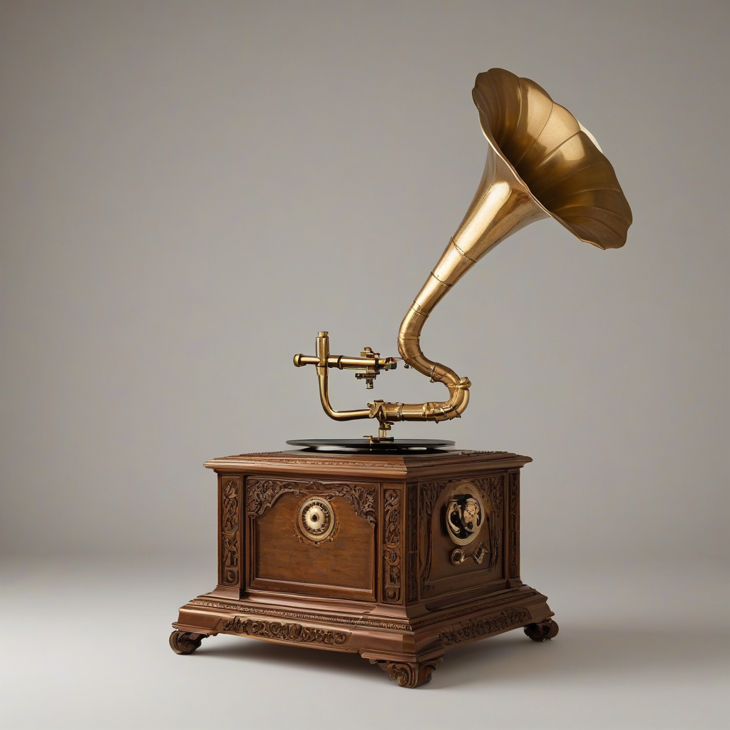 A beautifully restored antique brass and wood phonograph, with intricate carvings on the wooden cabinet and a polished brass horn, sitting on a plain white background, full-body view, wide shot, with the phonograph's brass components and wooden details clearly visible, in a warm, soft light, with a slight sepia tone to evoke a sense of nostalgia, digital illustration style, on a plain white background, even lighting 