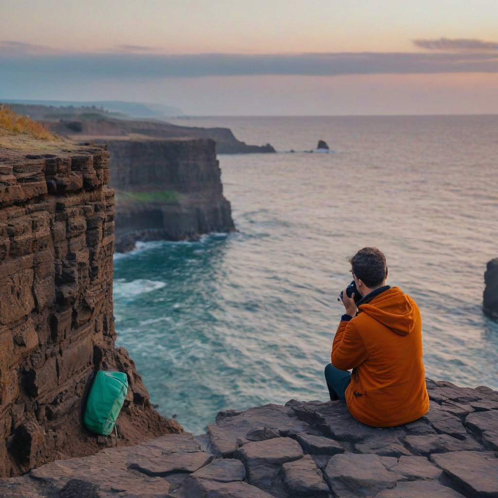 A serene oceanside cliff of basalt columns in bokeh photography style, using only the colors orange, purple, teal, and green, with the sky visible and a subtle gradient of colors to give a sense of depth, a person sitting peacefully on the edge of the cliff, taking a photo of the sunrise with a camera