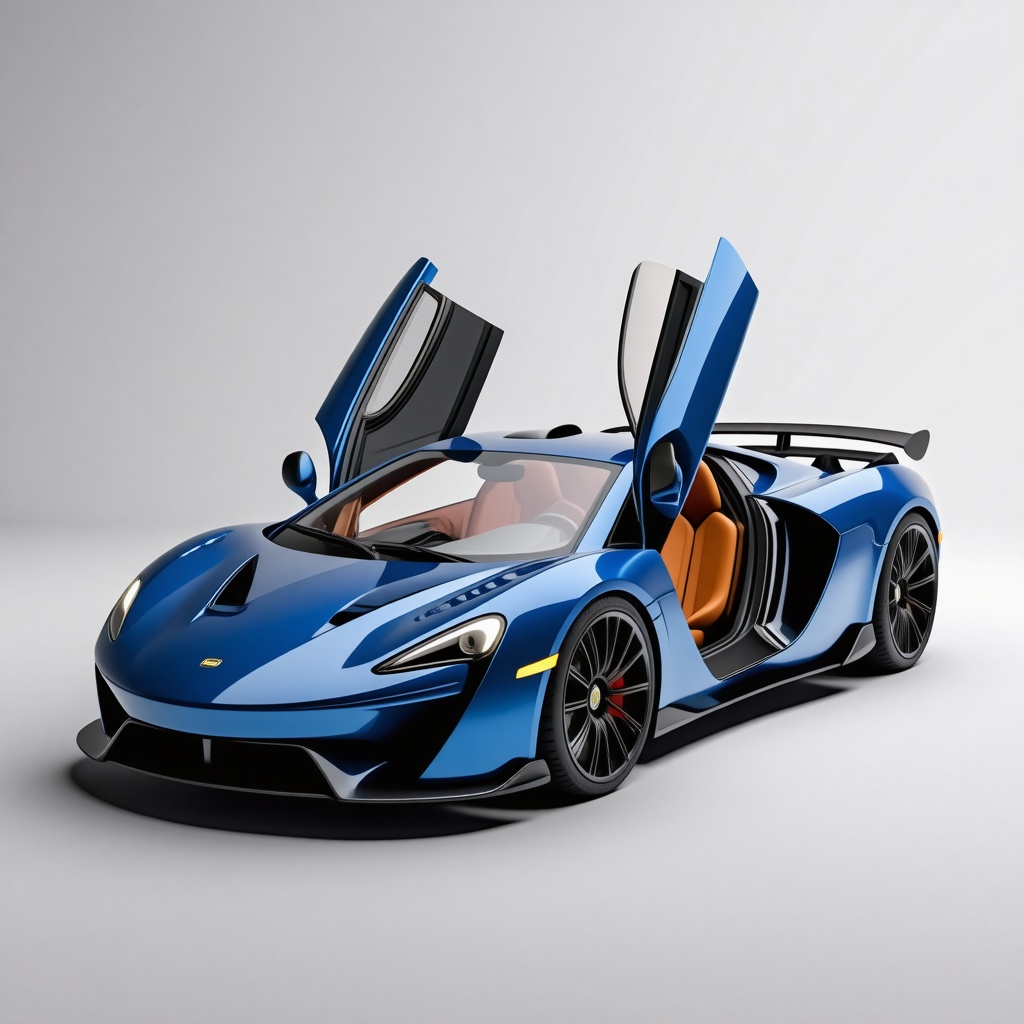 A sleek, sky blue, futuristic sports car with gull-wing doors, set against a plain white background, in a wide shot with the vehicle's wheels and underside visible, with a metallic sheen and neon accents, in a digital art style with sharp lines and vibrant colors