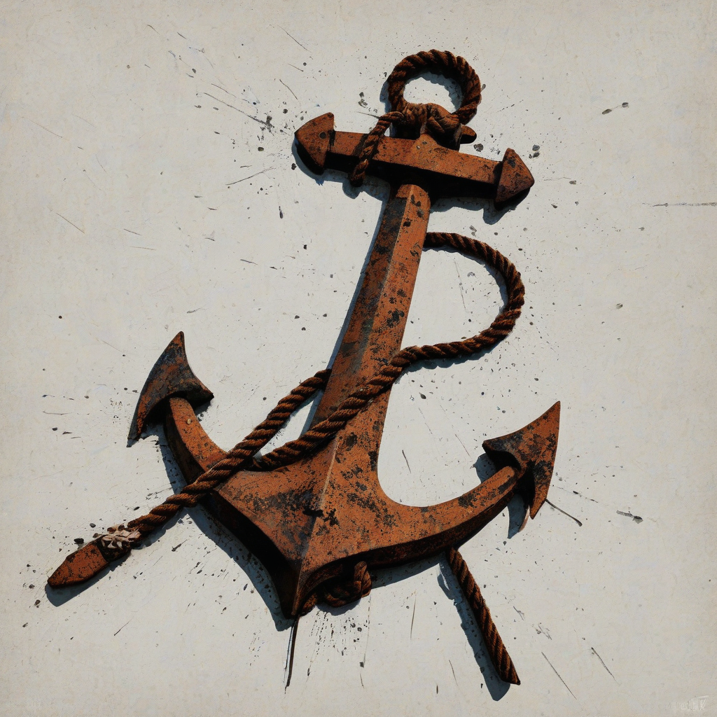 A punk style boat anchor with a worn, distressed, rusted color scheme and spiked details, in a wide shot, with the entire anchor visible, including the rope and the anchor's base, on a plain white background, in a digital art style with bold lines and vibrant colors, with a sense of dynamic movement and energy.