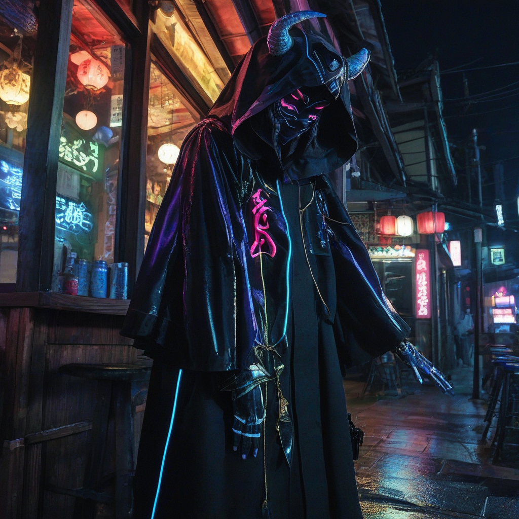 A mystical, iridescent demon in a couture-inspired, anime-style outfit, leaning against the exterior wall of a dimly lit bar with neon lights illuminating the dark night outside, in the style of traditional Japanese manga, with a focus on mystical and dark themes, avoiding revealing or suggestive attire, with the demon's body obscured by a flowing, hooded cloak and the focus on the mystical atmosphere and neon lights.