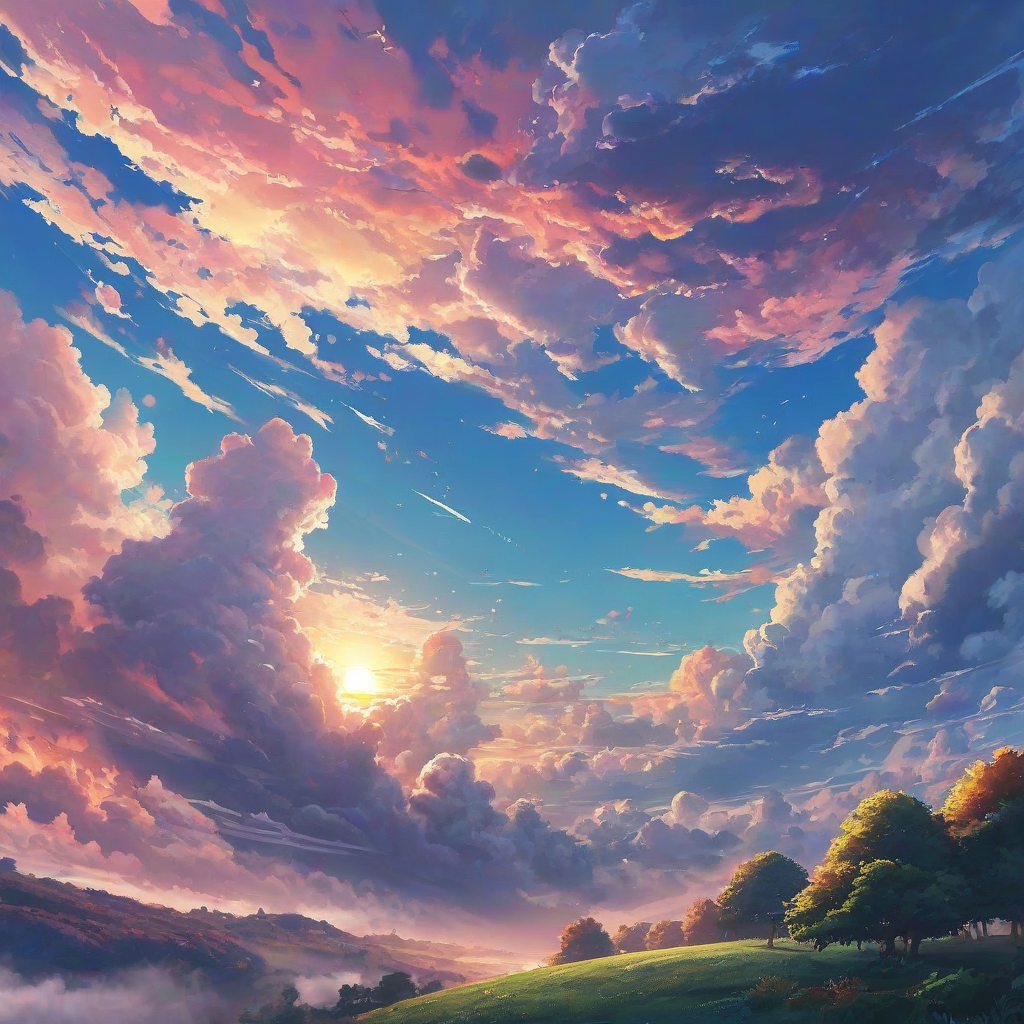 peaceful anime scene of the sky with bright colorful clouds with a sunrise and a pretty landscape below