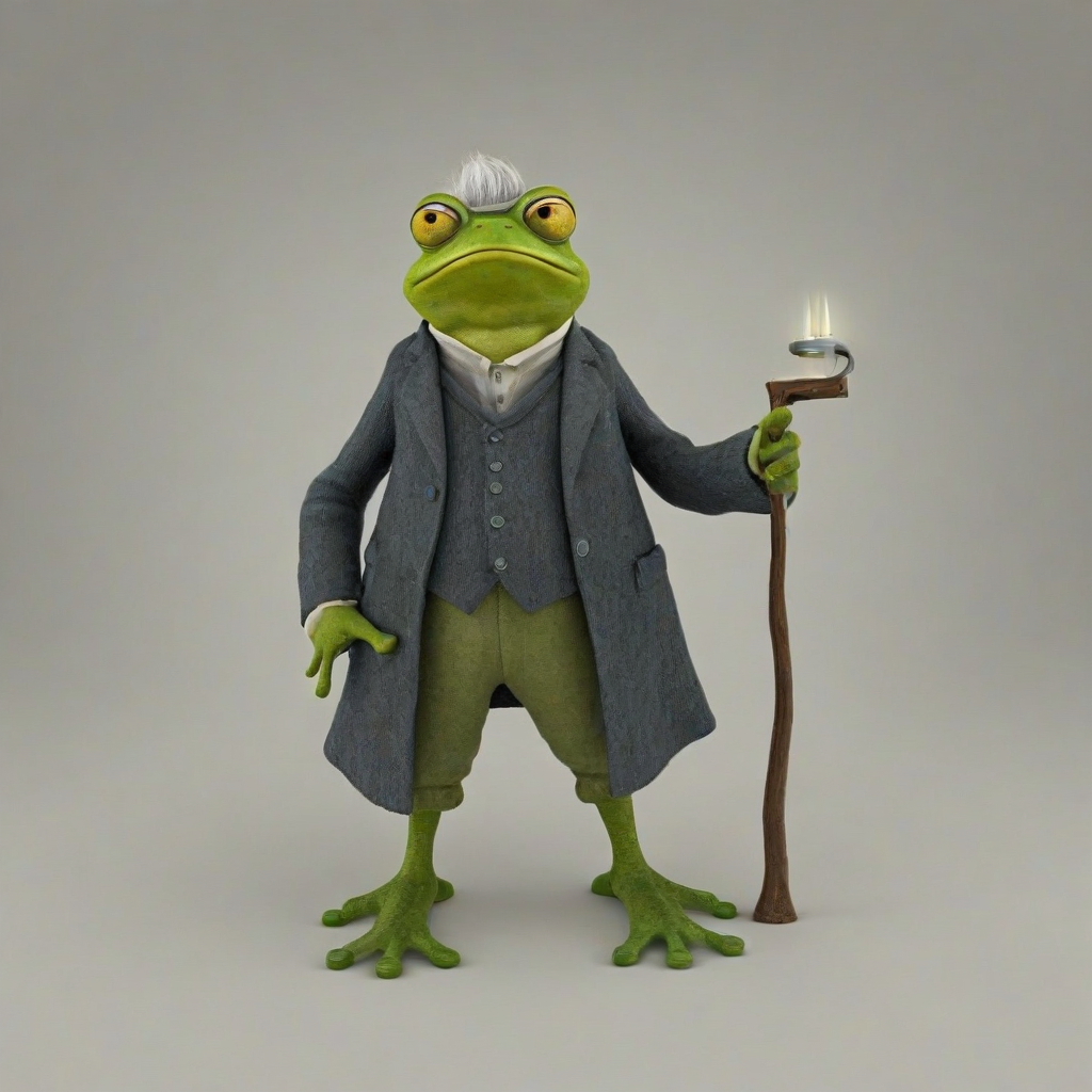 3D hand-drawn cartoon frog dressed as an old man, dressed like an old man, with grey hair,, on a plain white background, even lighting