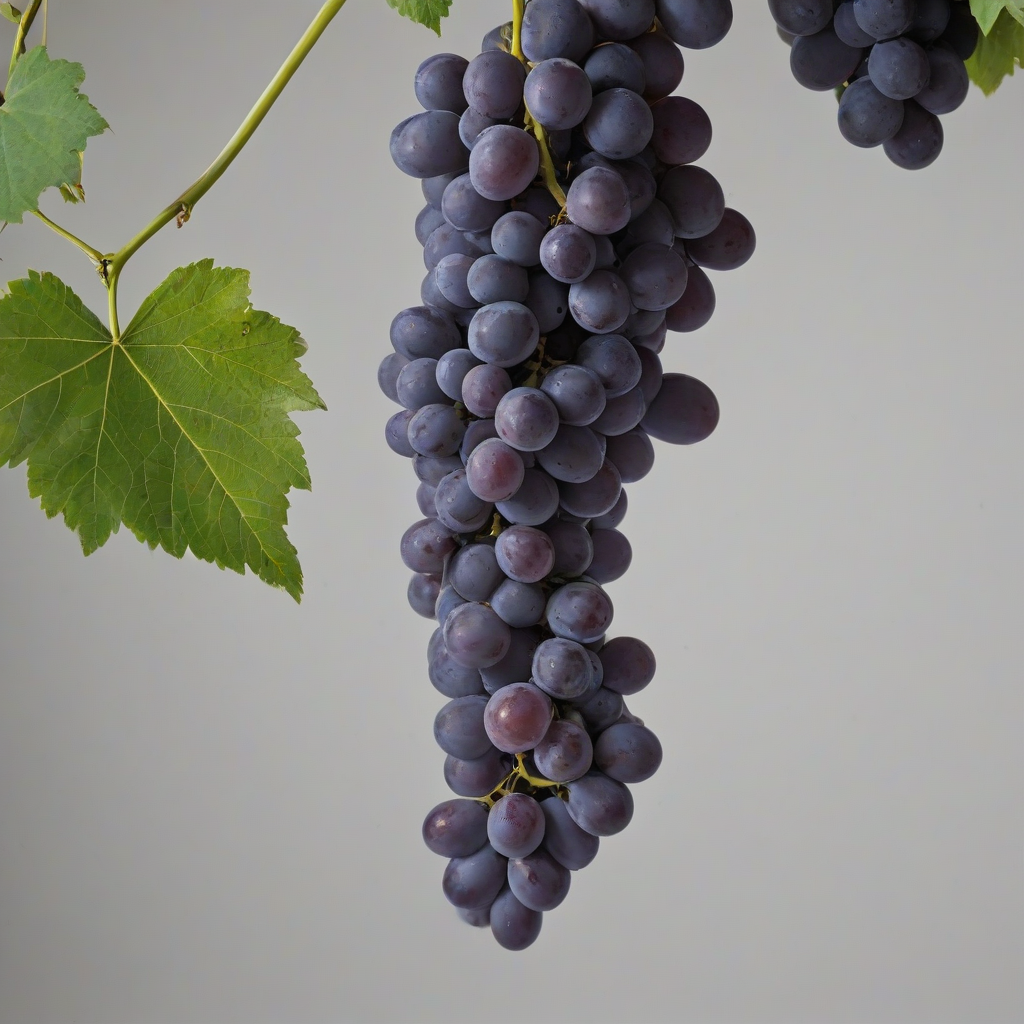 A cluster of plump, juicy purple grapes hanging from a vine, with a few large green leaves visible, set against a plain white background, in a wide shot with the entire cluster in view, with soft natural lighting and a slight sheen to the grapes, on a plain white background, even lighting 