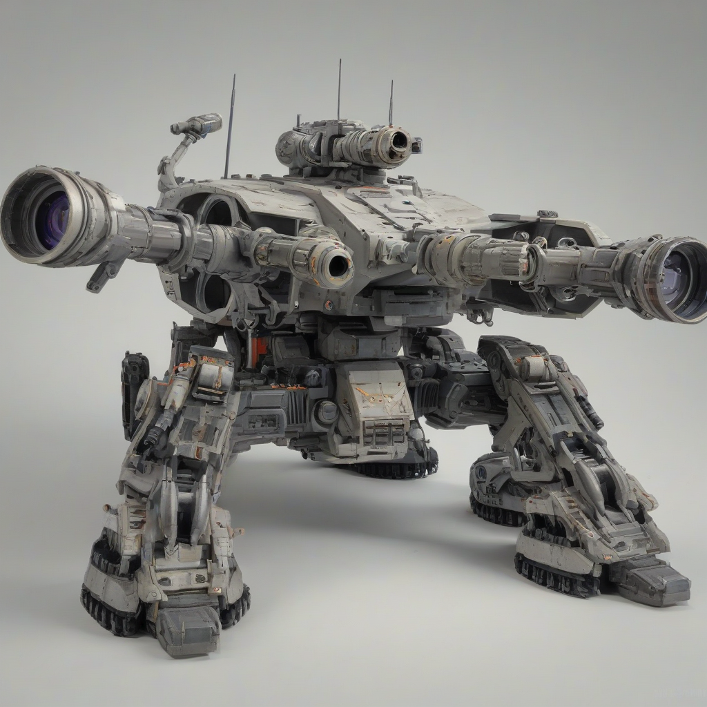 Sniper M.A.V. (Modular Assault Vehicle), with 4 large sniper cannons on legs, on a plain white background, even lighting 