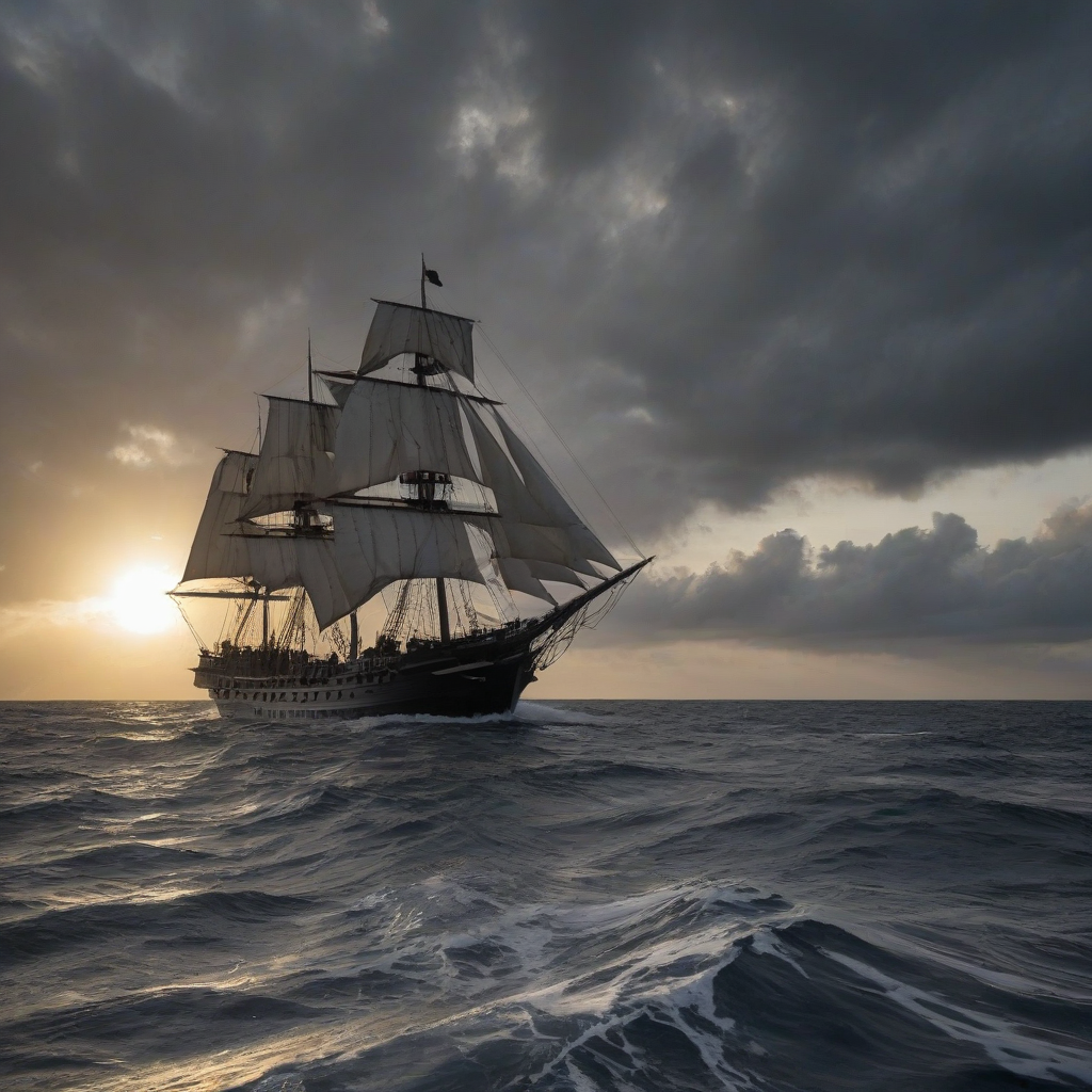 A realistic pirate ship with three masts and billowing sails, sailing through a dark blue ocean with gentle waves, next to a group of dolphins jumping out of the water in a wide shot, with the sun hidden behind clouds, on a plain white background, full-body view of the pirate ship, with the dolphins visible in the foreground