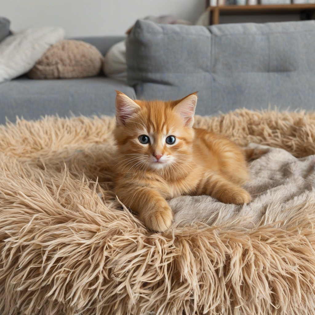 Cinematic realism of an orange kitten laying on a fluffy cat bed full body view