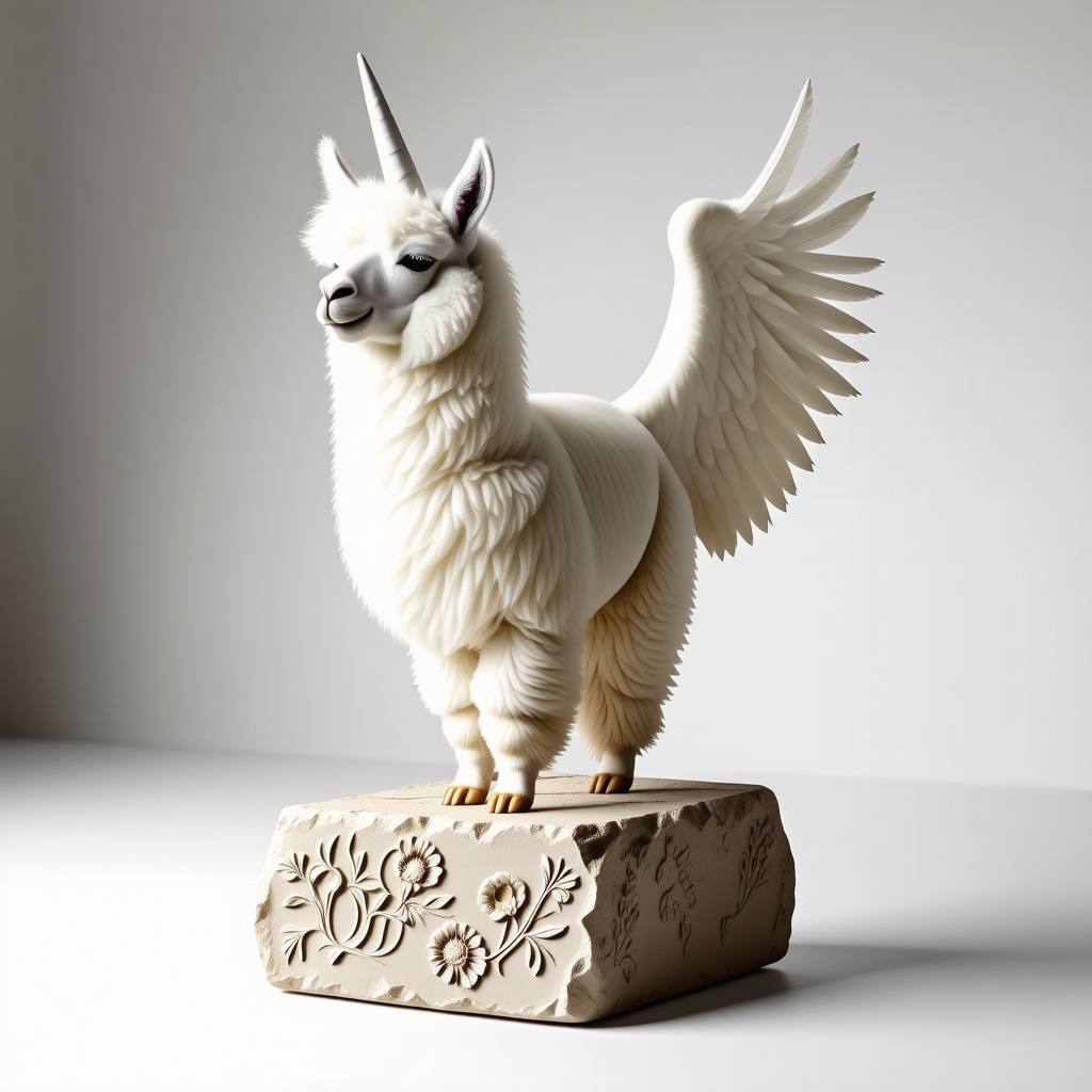 A llama with fluffy and curly white fur, large angel wings, and a white unicorn horn standing on a stone platform engraved with images of flowers
