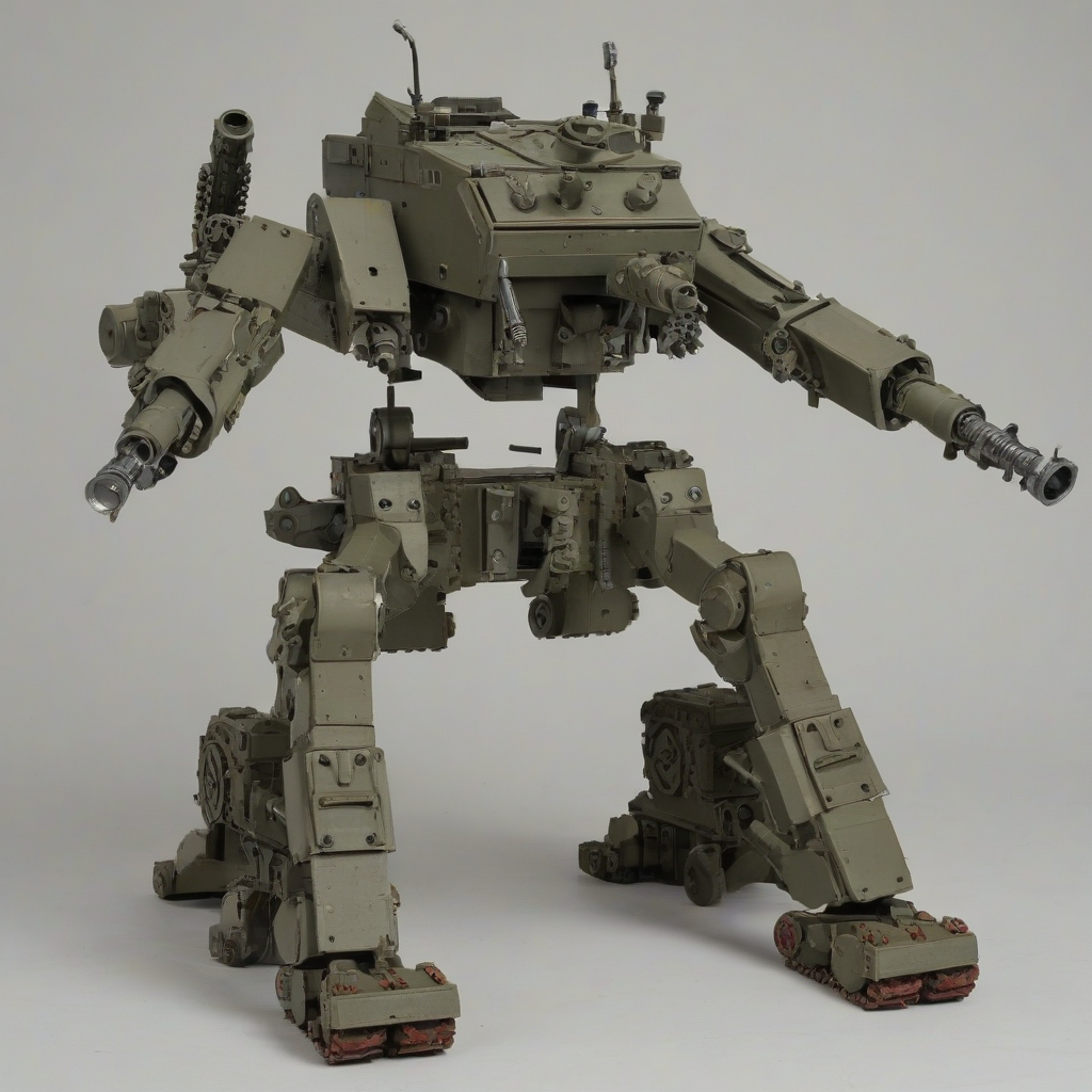 A diesel-punk, humanoid walking vehicle with two reverse joint legs, a tank-like chassis sitting on top of said legs, and two large bore weapon mounts on either side, a multiple launch rocket system mounted on the 'shoulder' area. The design of the machine should have flat and angled surfaces with exposed riveting and matte militaristic colors. The vehicle should be set against a plain white background, in a wide shot with its feet visible, showcasing its full body, with a focus on connecting the top and bottom sections of the vehicle.