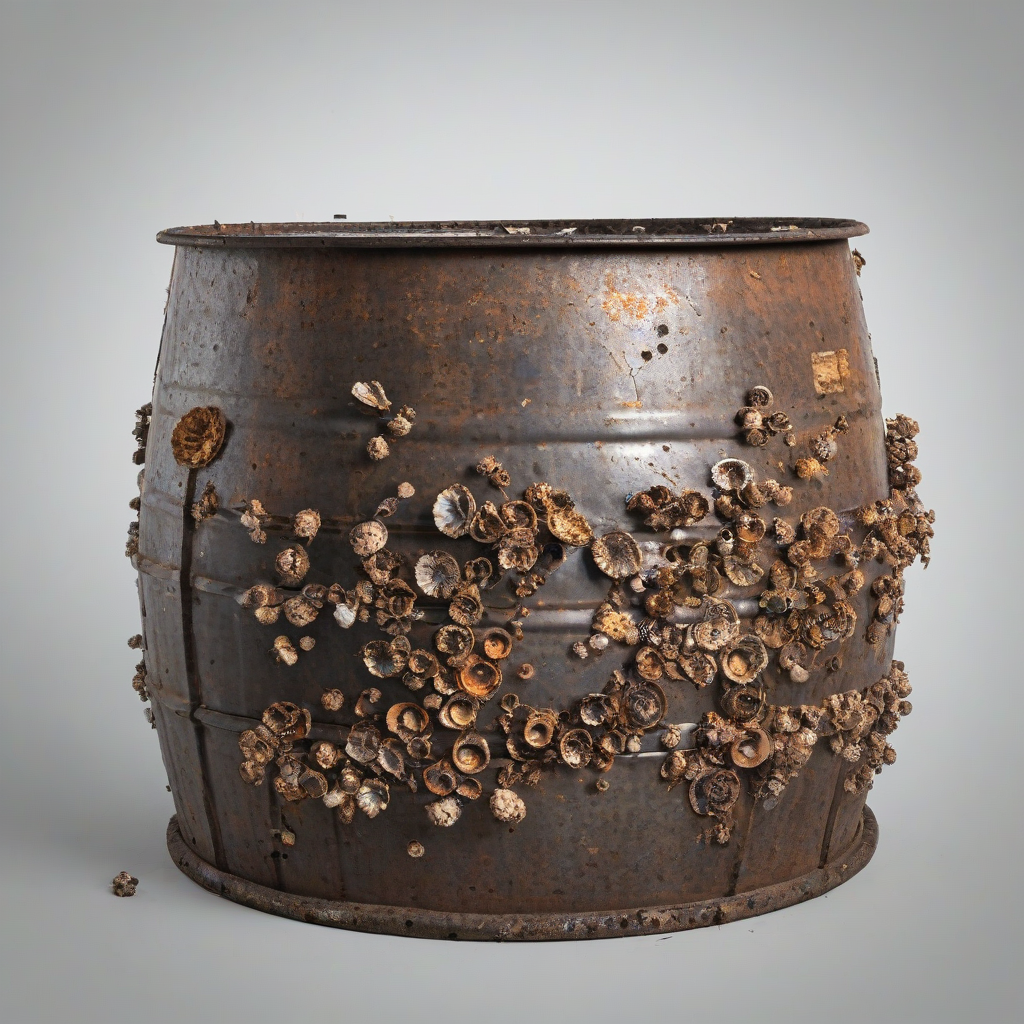 Old, rusted 50 gallon metal, barrel drum with barnacles growing on it, on a plain white background, even lighting