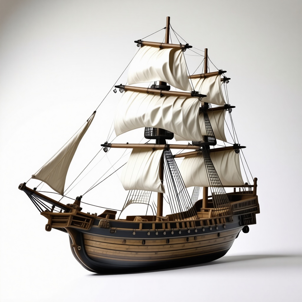 wooden pirate ship with white sails