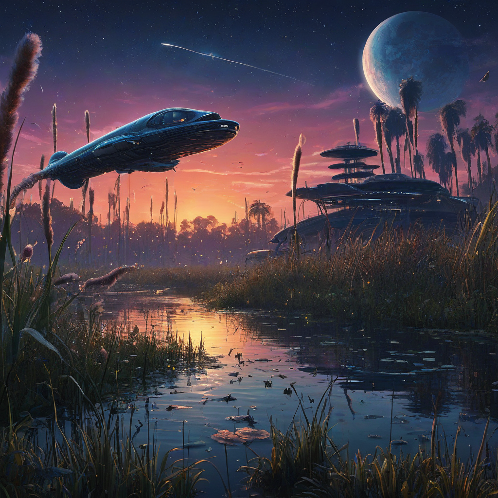 A swamp during the night time, hundreds of small glowing fireflies, cattails swaying in the evening breeze, an alligator submerged in the water, a beautiful sunset on the horizon, a large planet sized and shaped spaceship visible from beyond the atmosphere