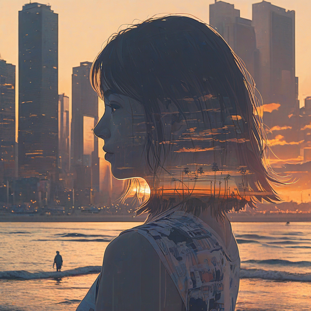 Anime double exposure of cityscape, woman, and beach in sunset lighting, 2d drawn
