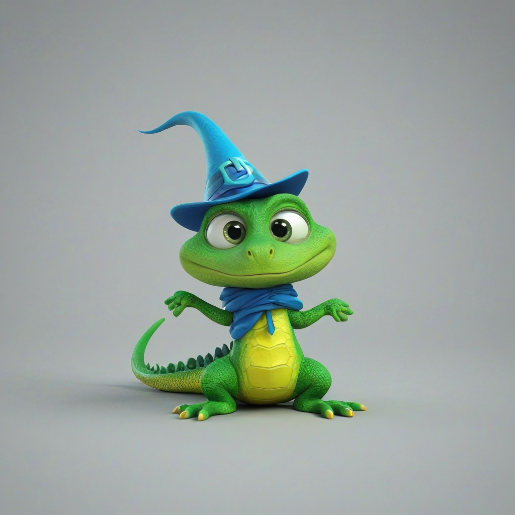 3d cartoon animation, baby green sorcerer lizard, wearing a sorcerer's hat, white beard, short body, rounded features, big eyes, vivid colors,, on a plain white background, even lighting