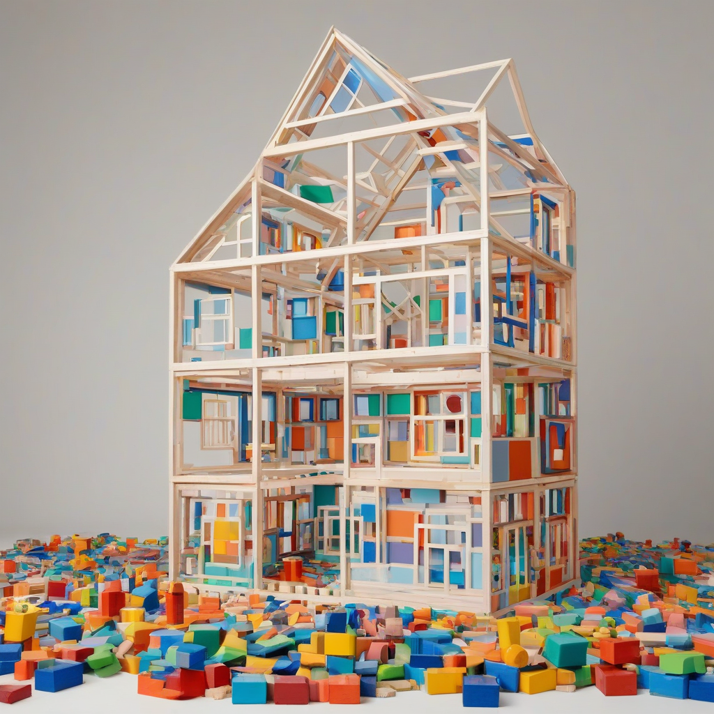 A wide shot of a full-size house frame, only showing the frame of the house, made entirely of colorful kids' wooden toy blocks, with a plain white background, in a digital art style with bold lines and vibrant colors, with the blocks stacked neatly and precisely to form the shape of a house, including outline of walls, windows, and a roof, with a bright and playful atmosphere, on a plain white background, even lighting 