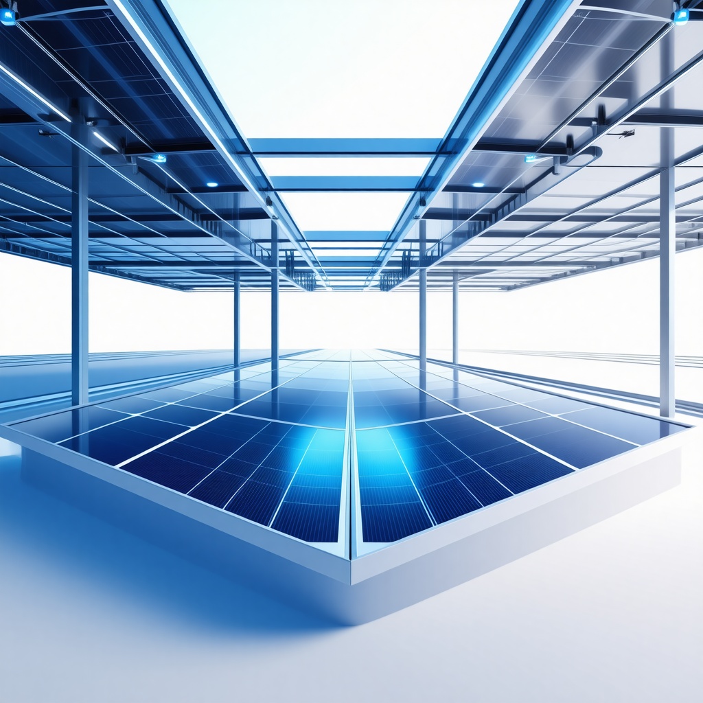 A futuristic solar array structure with sleek, metallic panels and a robust framework, set against a plain white background, with a wide-angle view showcasing the entire structure from a low-angle perspective, incorporating a sense of depth and dimensionality, with vibrant, electric blue accents and a subtle glow effect to convey a sense of advanced technology, in a digital art style with clean lines and minimal textures