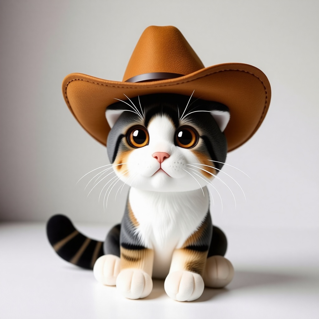a stuffed animal cat wearing a cowboy hat with no whiskers