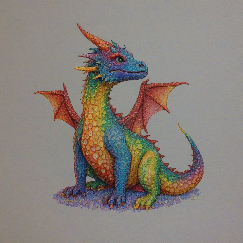 Pointillism style of a small rainbow dragon sitting