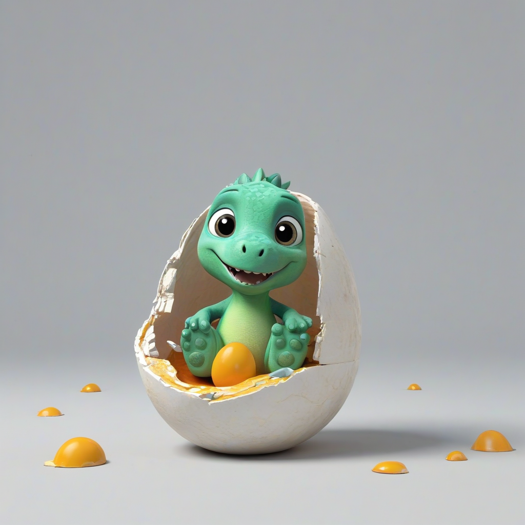 3d cartoon animation, cute baby dinosaur sitting in half of a broken egg shell, large eyes, short round body, rounded features, happy expression, bright colors, on a plain white background, even lighting