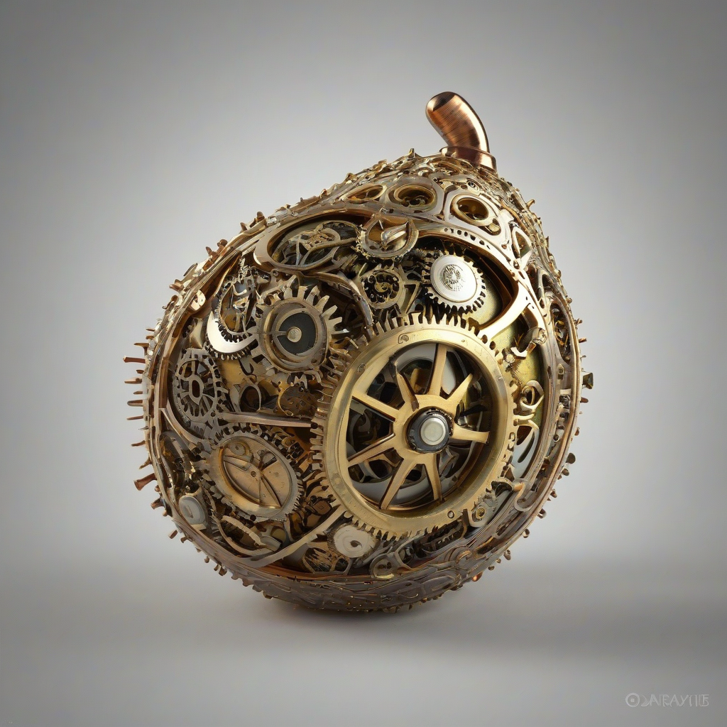 A steampunk-themed olive fruit, with intricate brass gears and copper filigree embedded in its skin, set against a plain white background, in a wide shot with the entire olive visible, with a soft, warm backlight and dynamic shadows, in the style of a highly detailed digital illustration, on a plain white background, even lighting