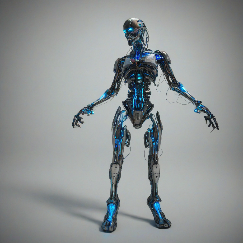 A nanotech-enhanced, cybernetic zombie, with metallic limbs and glowing blue circuits, in a full-body view, standing on a plain white background, with a wide-angle shot, and dynamic shadows, in a digital art style with a mix of dark and neon colors