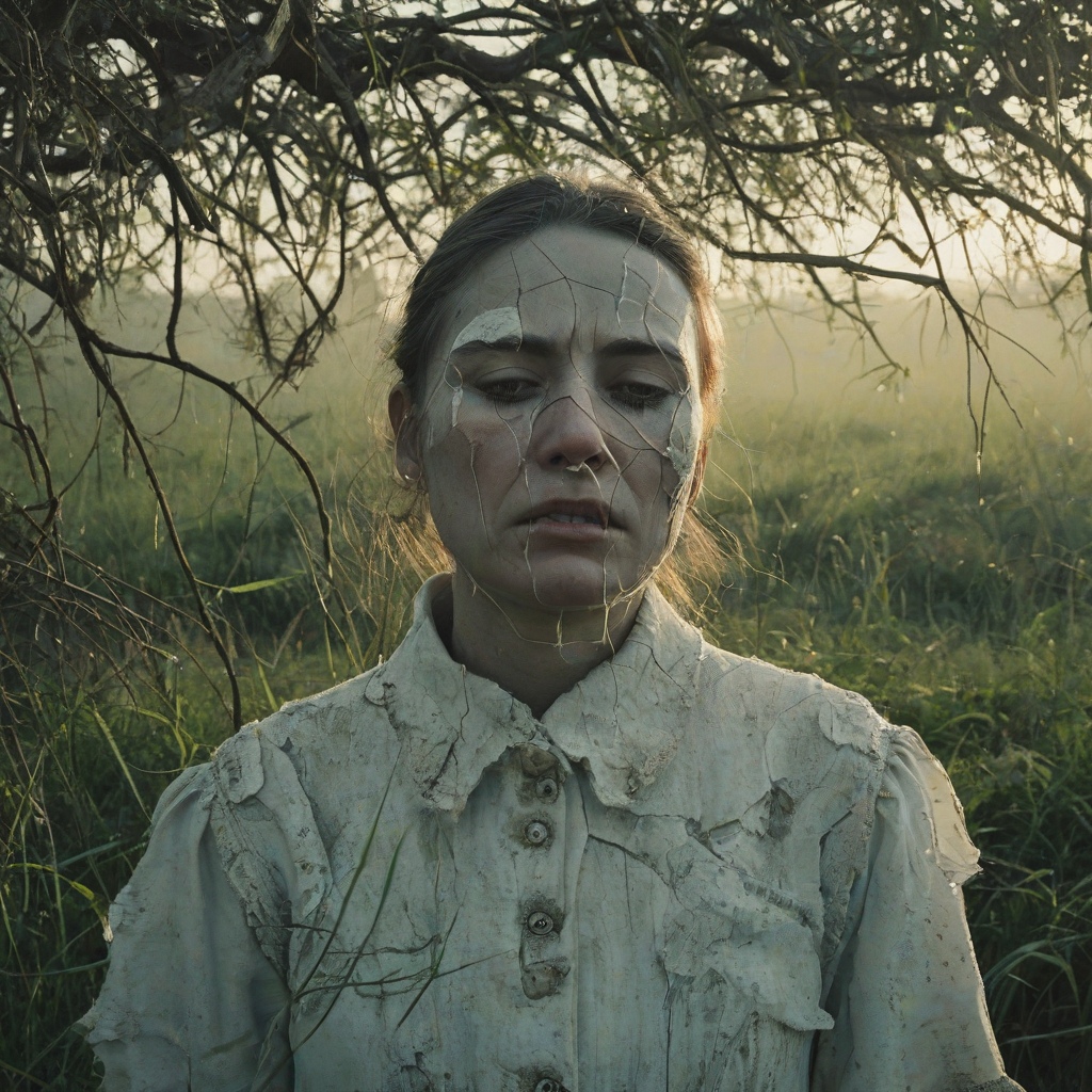 A surrealist photograph of a woman with a cracked and crumbling porcelain face, tears streaming down her cheeks, standing in a lush, misty grassland at sunrise.