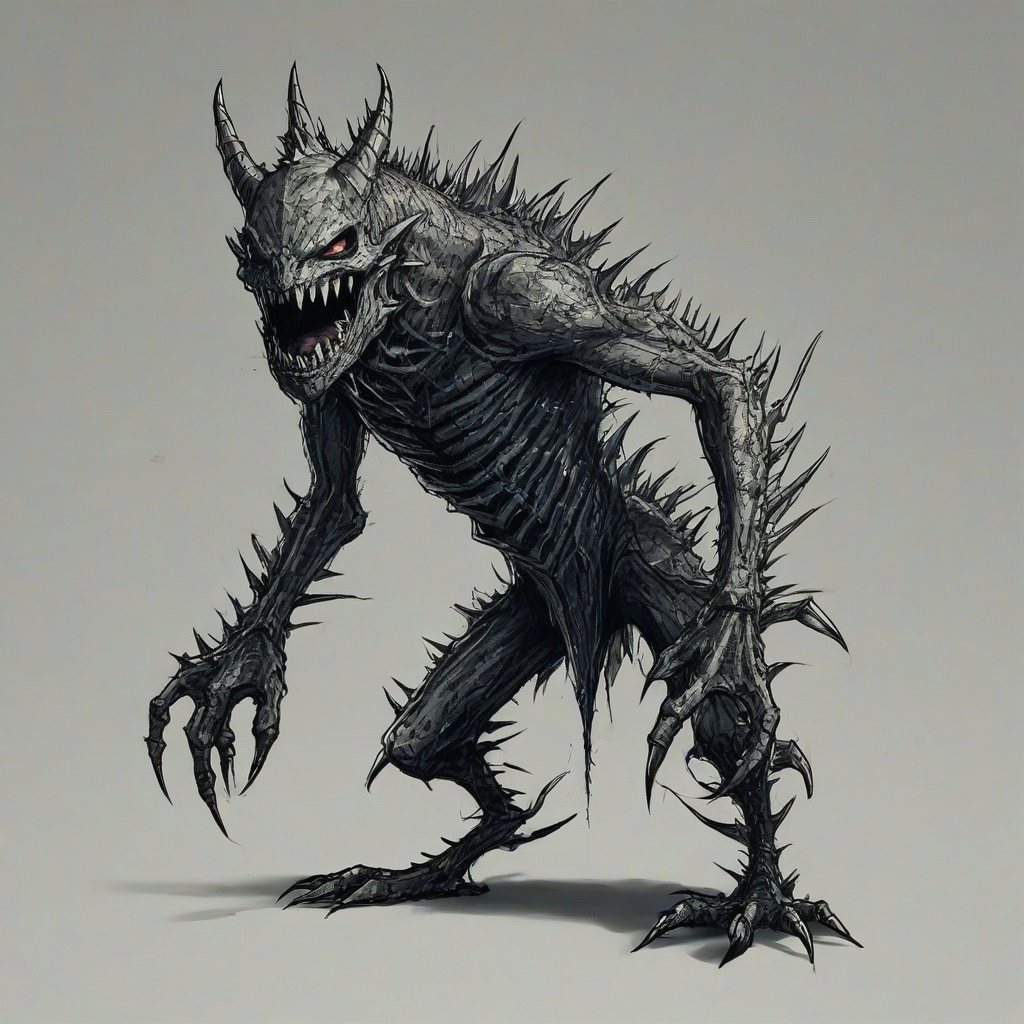 hand-drawn, cell shaded style evil monster with sharp, pointy teeth, spikes on its spine, and webbed hands and feet, bright lighting, full body visible, on a plain white background, even lighting